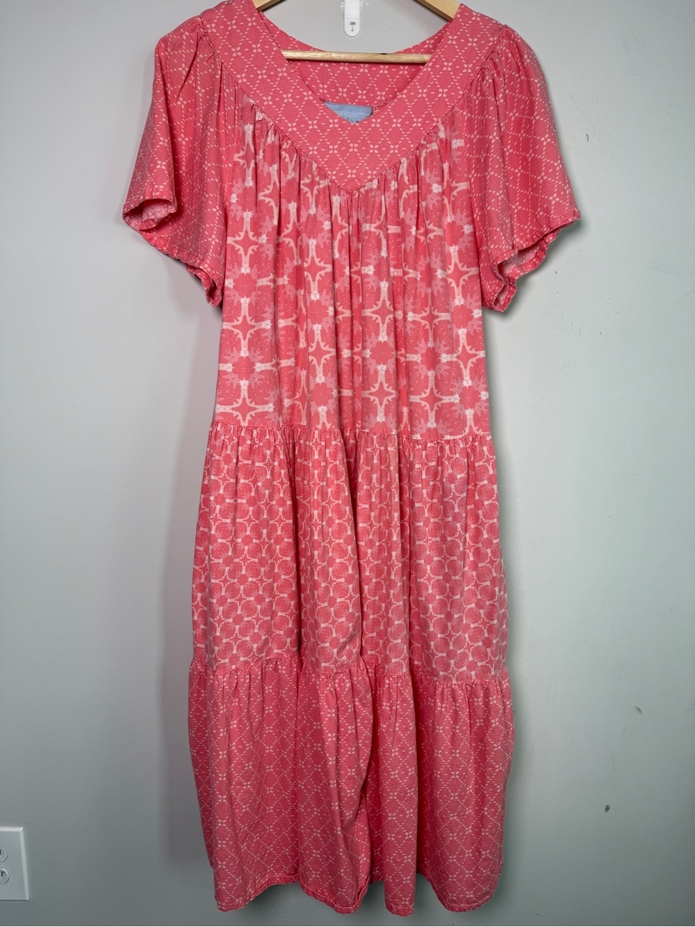 ONLY NECESSITIES | Coral Geometric Print Tiered Muumuu Dress with Pockets L